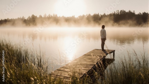 Person standing on a wooden dock overlooking a misty lake at sunrise.