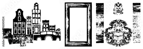Stylized Dutch canal houses, bridge, antique frame, baroque emblem, halftone print, graphic design elements.