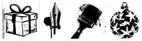 vector of gift box with bow, ornate fountain pen nib, paintbrush with splatter, star ornament. Flat design, isolated elements, artistic tools and festive decor.