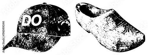 Distressed black and white graphic of baseball cap and clog shoe, halftone texture, urban streetwear, Dutch footwear, graphic design, isolated vector art.
