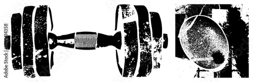 Black and white vector dumbbell with textured grip and halftone plate, gym equipment, fitness symbol, isolated workout tool, exercise weight, strength training graphic.