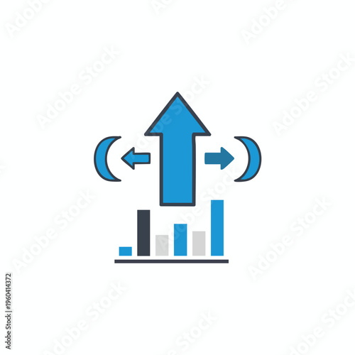 Upward arrow over bar chart with opposing arrows and crescent shapes
