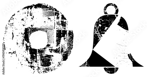 Stylized bell and ancient coin rendered in bold halftone, distressed graphic style, isolated vector elements, design, symbolic.