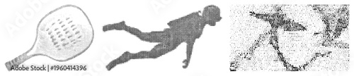 Stylized halftone figures paddle, diver, ballerina, dot based vector art, isolated foreground, silhouette, graphic design element.