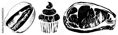 Vintage style food illustrations hot dog in bun, frosted cupcake, grilled steak. Retro halftone art, graphic design elements, food, stylized culinary symbols.