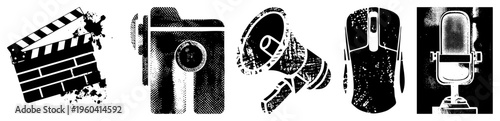 Classic filmmaking tools and tech rendered in halftone, including clapperboard, camera, megaphone, mouse, and mic stylized for creative design, digital, or retro branding projects.