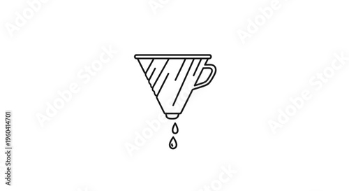 Pour Over Coffee Dripper Icon with Dripping Liquid Drops, Minimalist Line Art