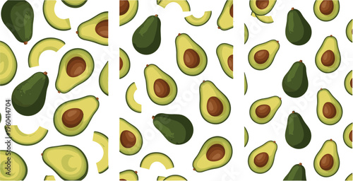 Avocado Pattern Set with Various Cuts for Kitchen Decor, Food Design, and Healthy Eating ThemesAvocado Pattern Set with Various Cuts for Kitchen Decor, Food Design, and Healthy Eating Themes