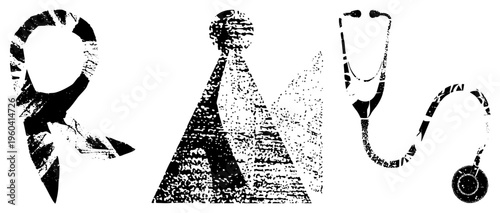Stylized doctor, stethoscope, and ribbon set in distressed black and white, halftone texture, medical theme, vector glyph design.