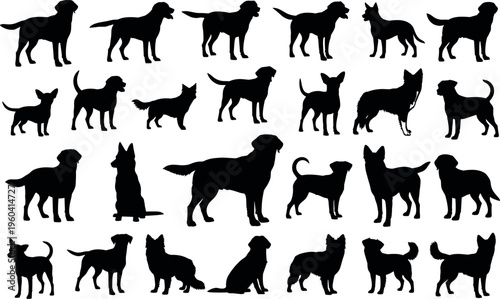 Minimalist vector illustration of dog silhouettes in varied breeds and poses, modern pet icon symbolizing loyalty, diversity, companionship