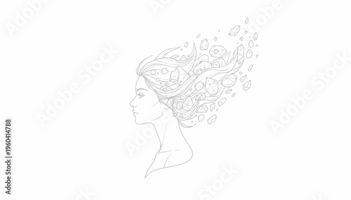 Profile of a Woman with Flowing Hair Transforming into Crystals and Stones