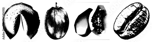 Vintage style halftone graphics of fortune cookie, mango, coconut, coffee bean each rendered in bold contrast with dot and clean, ideal for retro design or print.