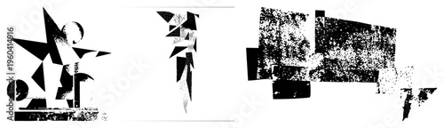 Modern art piece made of fragmented polygons, halftone dot, and bold black forms, abstract composition, graphic design element, digital vector art.