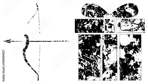 Vector illustration of bow and arrow in distressed black and white, grunge texture applied, isolated graphic, halftone effect, symbolic weapon,, combat motif.