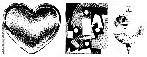 Black and white halftone heart, abstract geometric shapes, stylized face silhouette, vector art, graphic design elements, isolated, modern minimalism.