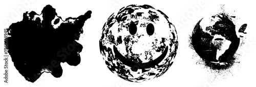 Textured globe with face, abstract continent, distressed earth graphic, vector art, black and white, urban graffiti style.