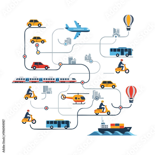 Illustrated interconnected transport network with diverse vehicles and cityscapes