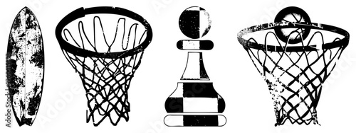 Retro stylized surfboard, basketball hoop with net, chess pawn, and ball in net, vector art, sport and game symbols.