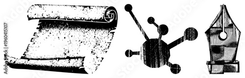 Grunge style black and white vector aged parchment scroll, abstract molecule, vintage fountain pen nib. Retro, textured, halftone, isolated design elements.