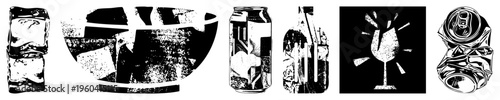 Stylized ice cubes, bowl, soda can, bottle, wine glass, crushed can halftone vector, isolated beverage elements, graphic design symbols.