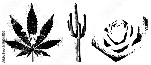 Bold black stencil style silhouettes of leaf, saguaro cactus, and rose with halftone texture, isolated vector graphics, urban art motifs.
