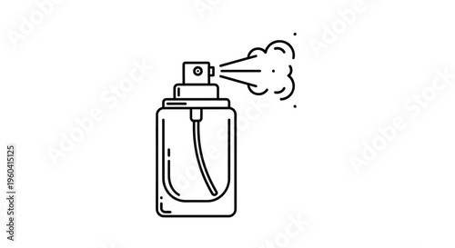 Perfume spray bottle with mist cloud, minimalist line art icon, beauty and fragrance concept.