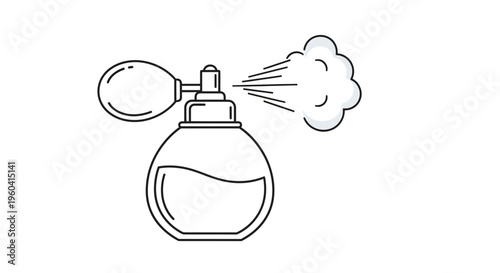 Perfume spray bottle with mist cloud, vintage style atomizer, isolated on white background