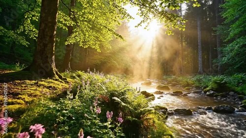 Sunlit forest clearing with dappled light filtering through trees onto mossy banks and a tranquil stream