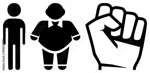 Abstract human set standing person, suited figure, clenched fist symbol, minimalist vector, black, symbolic representation, user interface elements.