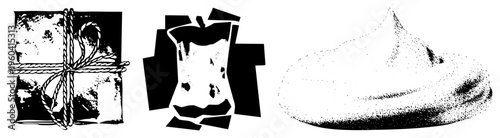 Textured bundle tied with rope, fragmented glass pitcher, halftone whipped cream dollop vector art, abstract forms, graphic design elements.