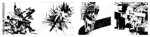 Black and white vector composition of shattered, angular forms, abstract, digital glitch, graphic design elements, modern art collage.
