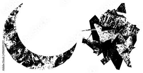 Two stylized black forms moon and chaotic starburst rendered in gritty, halftone inspired vector art with distressed texture. Isolated graphic elements for design use.