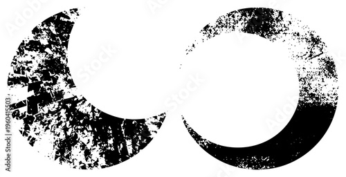 Abstract endless loop graphic, broken circle motif, distressed texture, black and white vector design, symbolic continuity.