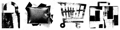 Stylized security lock, leather wallet, shopping cart, and suitcase rendered in distressed halftone. Vector symbols for e commerce, finance, travel, and safety concepts.