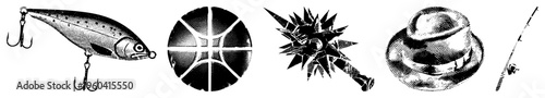 Vector of fishing lure with hooks, basketball with seams, starfish with spines, fedora hat with band, fishing rod with reel. Flat black and white illustrations.
