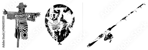 Stylized vector featuring with geometric, abstract balloon with textured design, fishing rod silhouette with distressed texture. Modern graphic design elements.