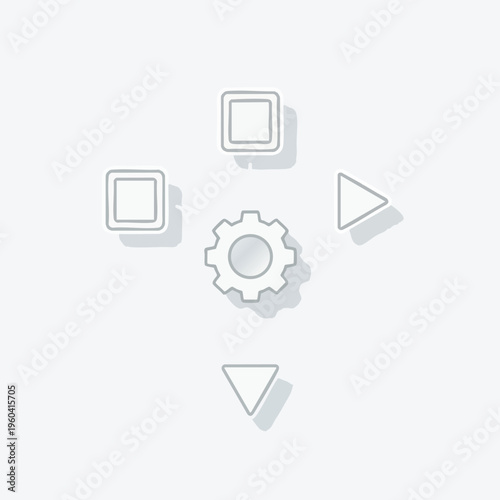Set of icons with arrow buttons, squares, and a central gear on a light gray background