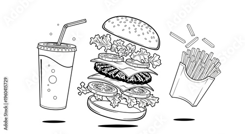 Detailed Black and White Floating Fast Food Illustration with Burger Layers Fries and Soda Drink Hand Drawn Line Art Vector Isolated on White Background
