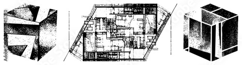 Three dimensional cube forms rendered in halftone dot, isometric perspective, vector art, isolated shapes, graphic design elements, minimalist architecture.