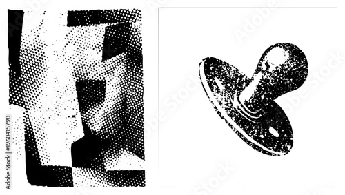 Vector pacifier illustration with halftone dot shading, baby comfort item, infant soothe tool, stylized nipple shield, graphic design element.