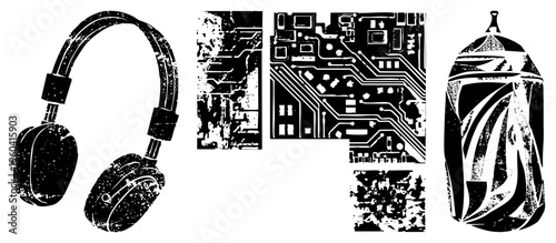 Black and white vector illustration of headphones, fragmented circuit boards, and abstract tech vessel with distressed texture, digital art, tech aesthetic, isolated elements.