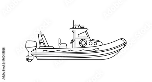 Outline of a rigid inflatable boat (RIB) with outboard motor, side view, isolated on white background