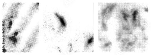 Dotted grayscale gradients forming fluid, amorphous shapes, halftone art, vector graphic, abstract design, aesthetic, digital texture.