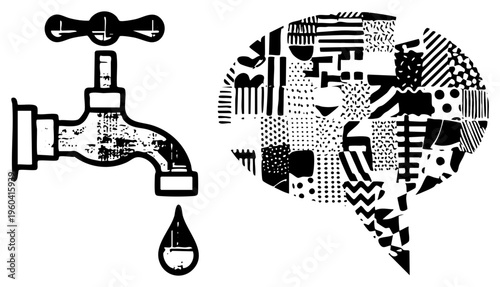 Faucet leaking single drop, brain shaped collage of geometric textures, conceptual illustration, visual, water waste metaphor, mind mapping design.