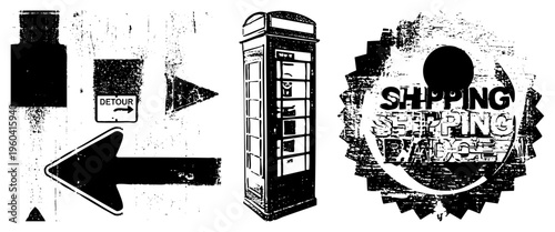 Vintage road signs with detour arrows, classic British telephone box, distressed shipping badge, vector graphics with gritty texture.