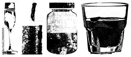 Classic glass containers rendered in halftone, including wine glass, bottle, jar, tumbler, vintage style, black and white illustration, isolated objects.