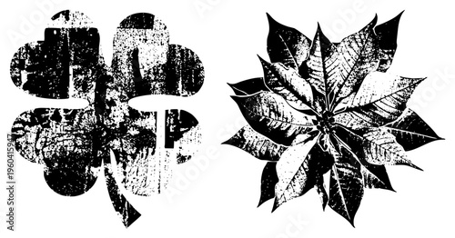 Grunge style vector illustrations of a lucky clover and festive poinsettia, both with textured halftone, ideal for holiday or luck themed designs.