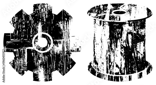 Industrial gear and spool rendered in gritty halftone, mechanical components, vintage machinery, mechanical design, vector illustration.