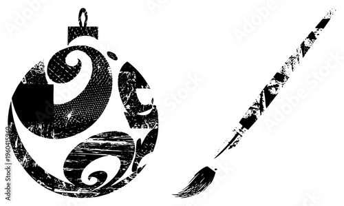 Festive holiday bauble with swirling, vintage quill pen, holiday decor, vector illustration, artistic, holiday symbol, ink brush.