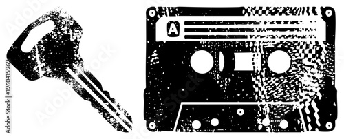Retro key and cassette tape with grainy texture, nostalgic symbols, analog, vintage aesthetic, vector art.